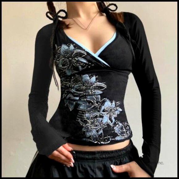 Y2K V Neck Floral Long Sleeve Top Fairy Grunge Vintage Emo Graphic Tee - Picture 5 of 6